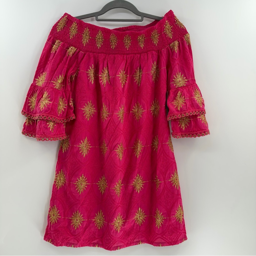 Boston Proper Metallic Off Shoulder Dress XXS Pink Gold Embroidered Boho NWT